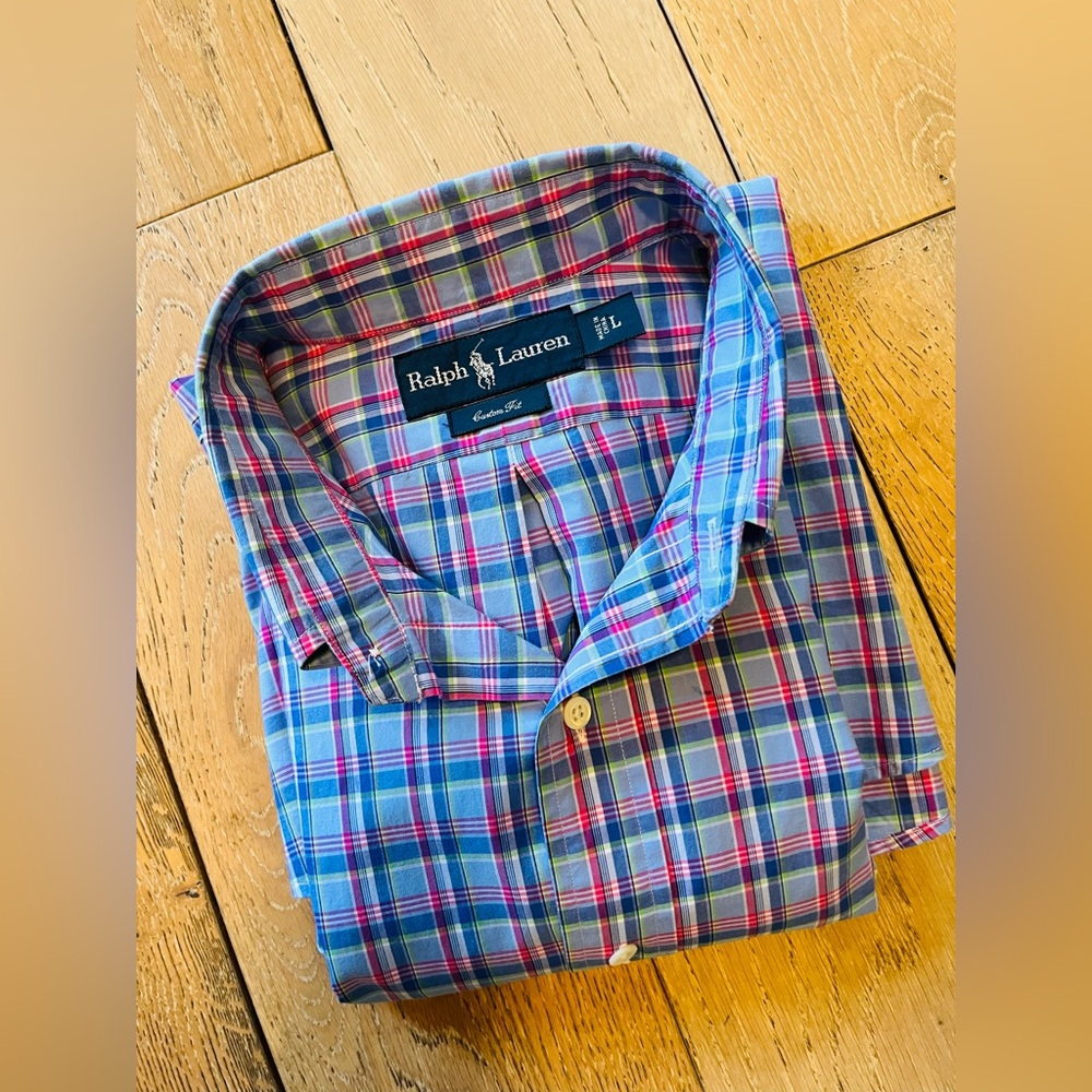 RALPH LAUREN Shirt Plaid BLUE LABEL Custom Fit COTTON Sz LARGE/42-44 Pink/Blue